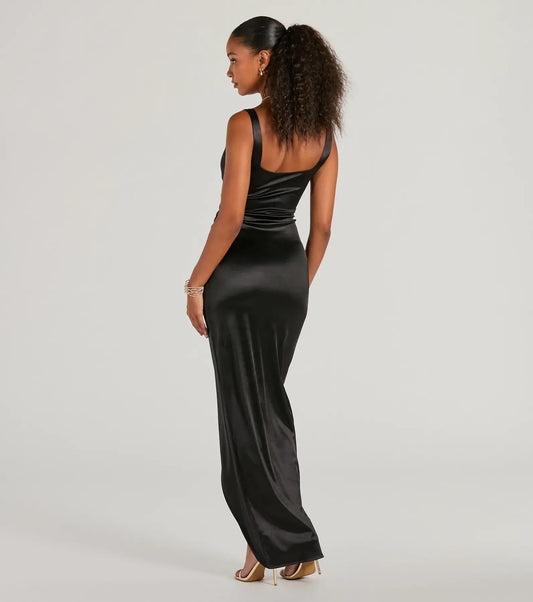 Cheap Fitted Square Neck Sleeveless Satin Floor-Length Prom Dress