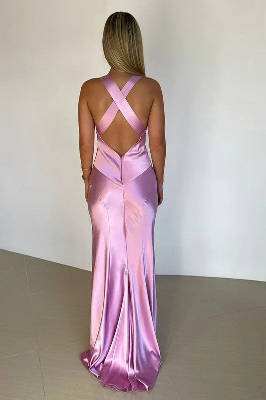Chic Cross Straps V-Neck Pleated Sleeveless Satin Long Prom Dress with Slit
