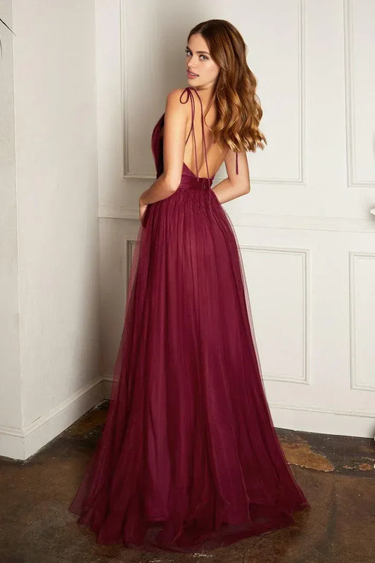Classic A-Line V Neck Sleeveless Tulle Sweep/Brush Train Prom Dress