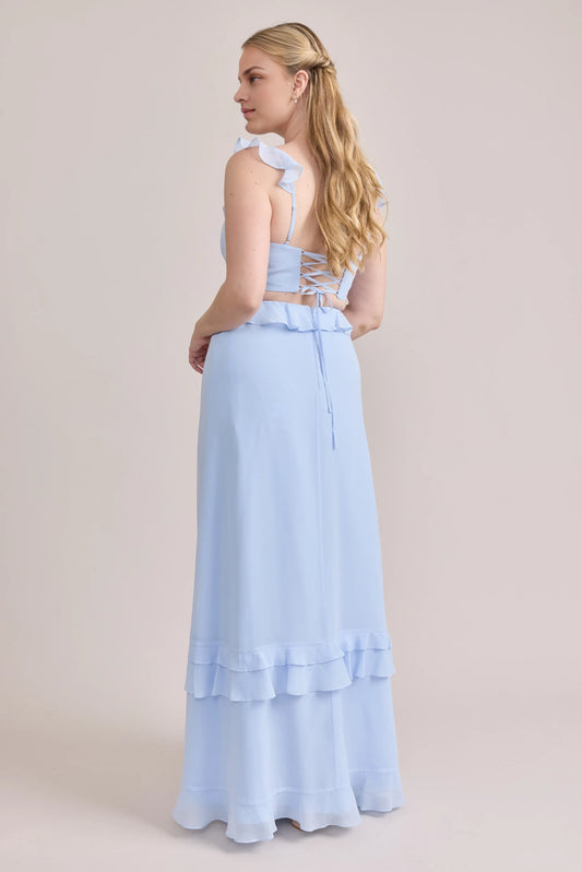 Classic Fitted A-line Ruffle V Neck Sleeveless Backless Ankle-Length Bridesmaid Dress