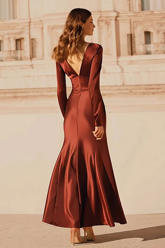 Classic Mermaid/Trumpet V-Neck Long Sleeve Satin Ankle-Length Prom Dress