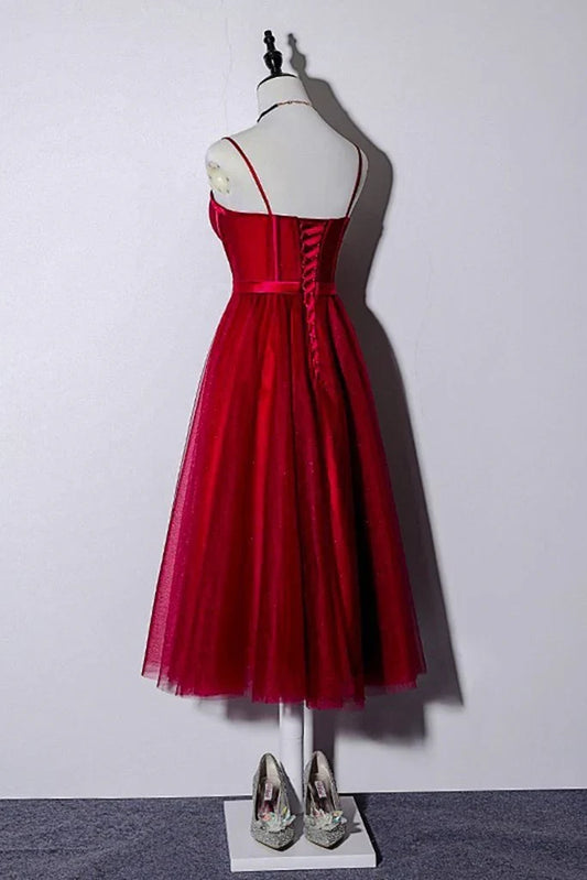 Formal Women's Dresses Wine Red Tulle Tea Length Sweetheart Neck Corset Prom Dress Homecoming Dress Prom Dresses Stores
