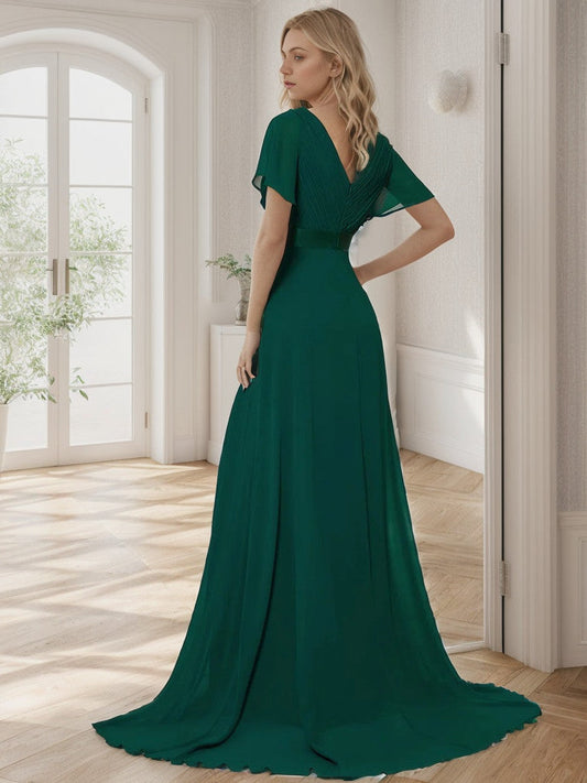 Long Chiffon Empire Waist Bridesmaid Dress with Short Flutter Sleeves