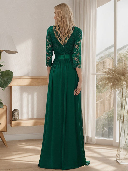 See-Through Floor Length Lace Chiffon Evening Dress with Half Sleeve