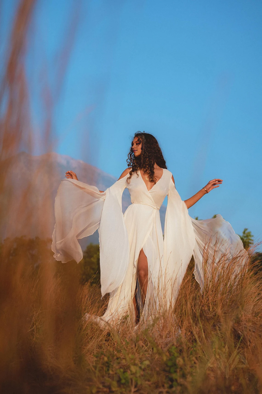 Deep V Neck Off-White Wedding Maxi Dress Wedding Gown Goddess Dress Elegant Dress Bridal Dress