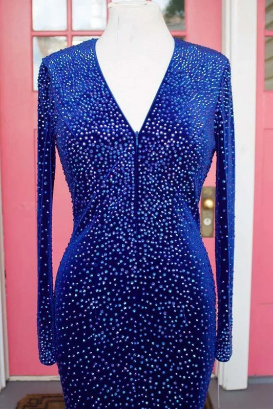 Deep V Neck Royal Blue Velvet Beaded Long Sleeve Mermaid Long Formal Prom Dress