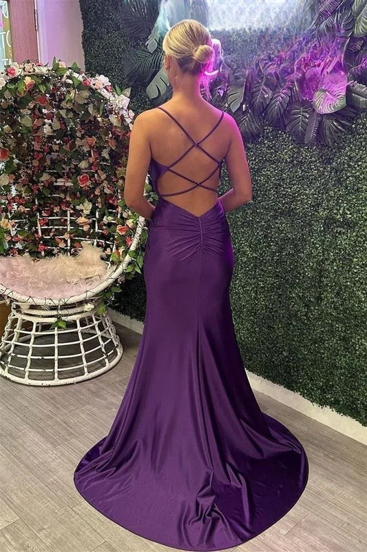 Dress For Formal Grape Mermaid Straps Beaded Satin Long Prom Dress With Slit / Stores With Prom Dresses