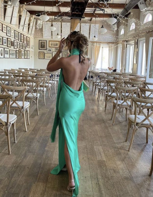 Dress For Formal Green Simple And Elegant Lace-up Halter Neck Backless Slit Long Slim Satin Banquet Dress Evening Dress Ball Gown Wedding Guest Dress / Stores With Prom Dresses
