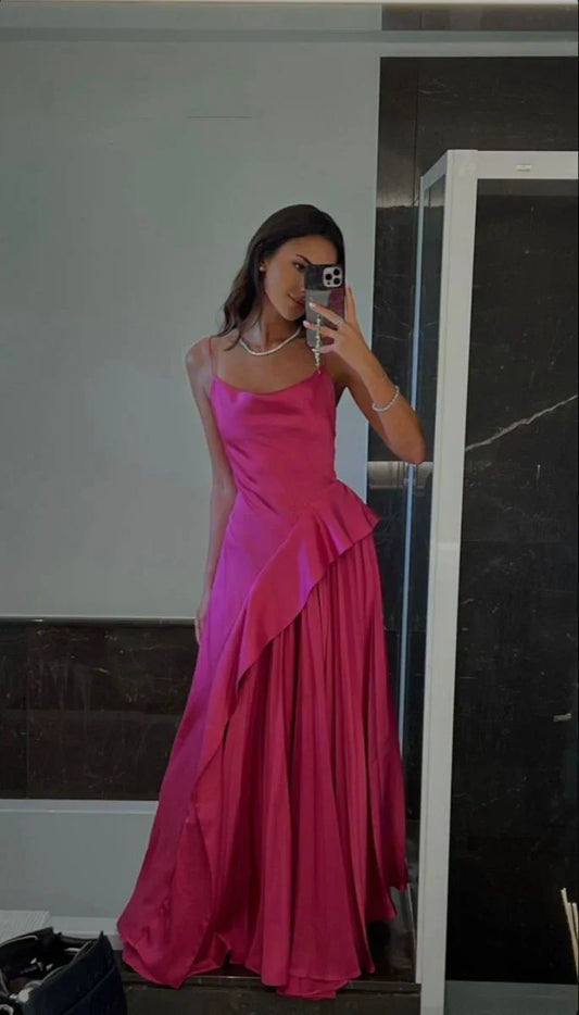 Dress For Formal Pink Spaghetti Straps Simple Elegant Long Irregular Ball Gown Evening Dress / Stores With Prom Dresses