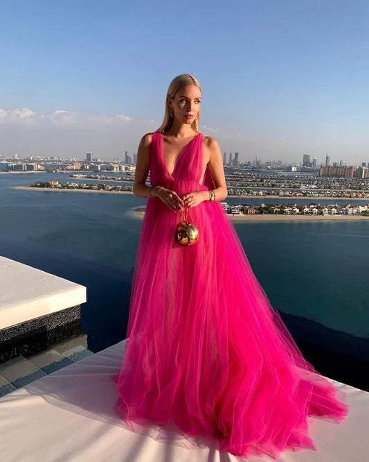 Dress For Formal Pink V-neck Long Shoulder Strap Tulle Long Ball Gown Prom Dress Evening Dress / Stores With Prom Dresses