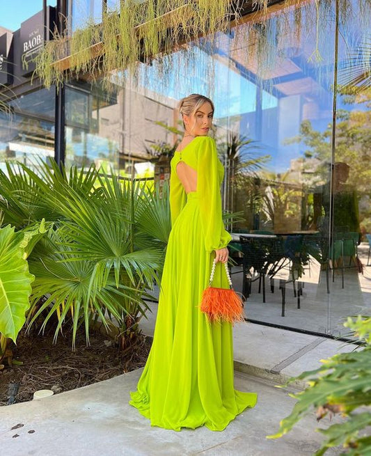 Dress For Formal Yellow Green A-line Elegant Flowing Long Chiffon Ball Gown Evening Dress Party Dress / Stores With Prom Dresses