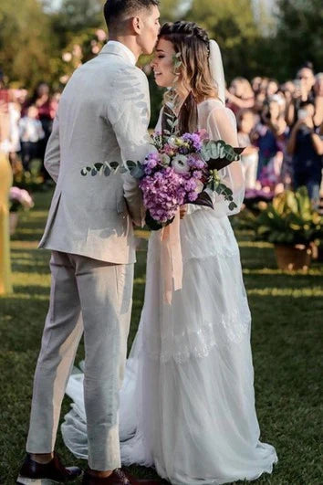 Dress For Wedding Tulle Floor-length Chapel Train A Line Long Sleeve Modest Ethereal Wedding Dress Dress For Formal