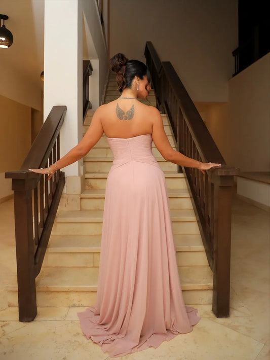 Dusty Rose Strapless Ruched A-Line Slit Chiffon Bridesmaid Formal Dress
