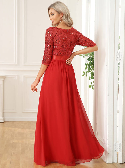 Sleeves Round Neck Evening Dress With Sequin Bodice