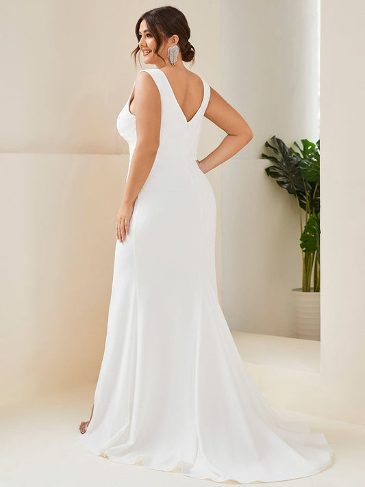 Plus Size Deep V-Neck Sleeveless High Slid Simple Wedding Dress/No Veils