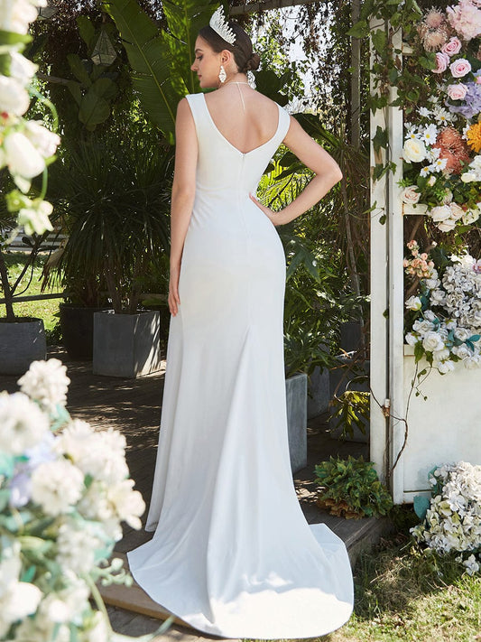 Ruched Bodycon Deep V-Neck Sleeveless Simple Wedding Dress/No Veils