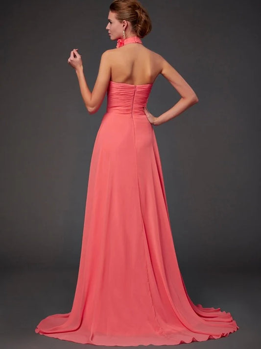 Blush‑Pink Chiffon A‑Line Halter Flower‑Neck Sleeveless Open Zipper‑Back Sweep‑Train Bridesmaid Dresses
