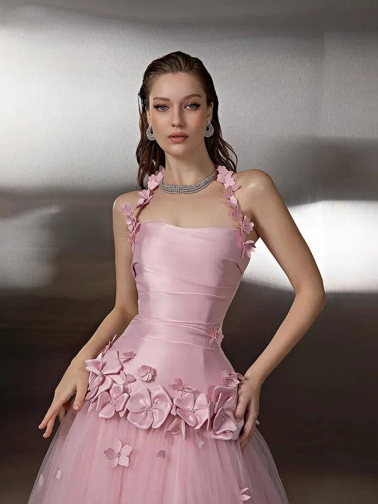 Elegant A-Line Halter Neck Sleeveless 3D-Flower Tulle Evening Dress With Train