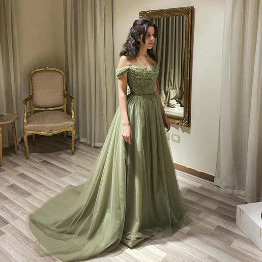 Elegant A-Line Off-The-Shoulder Sleeveless Backless 3D-Bow Beaded Tulle Evening Dress With Train