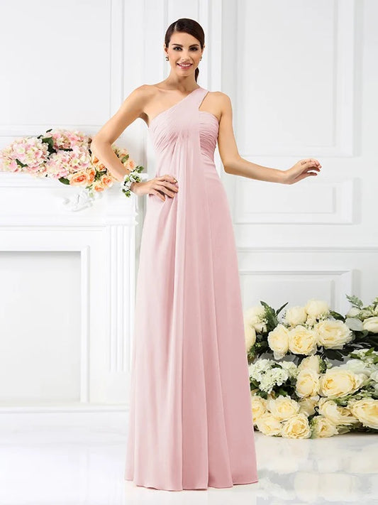 Blush‑Pink Chiffon A‑Line One‑Shoulder Wide‑Strap Zipper Back Pleated Floor‑Length Bridesmaid Dresses