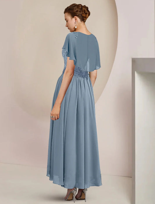 Dusty‑Blue Lace‑Bodice A‑Line Scoop‑Neck Cape‑Sleeve Tea‑Length Mother Of The Bride Dress