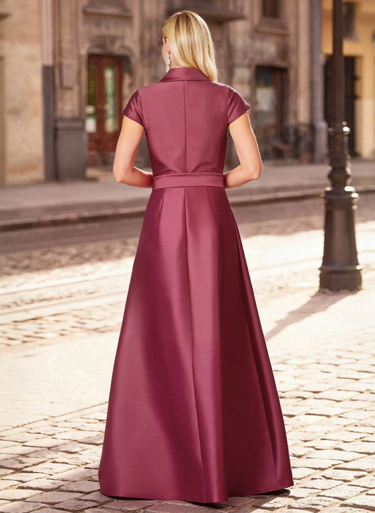 Elegant A-Line Shawl Collar Short Sleeve Burgundy Satin Evening Gown with Waist Tie Mother of the Bride Dress