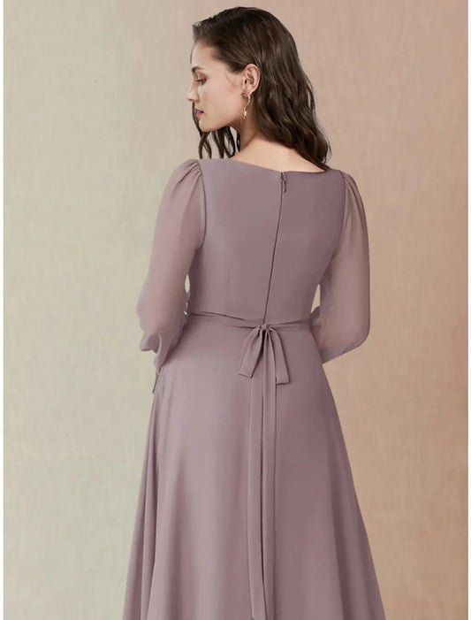 Mauve Chiffon A‑Line Square Neck Long Bishop‑Sleeve Tie‑Back Slit Floor‑Length Bridesmaid Dresses