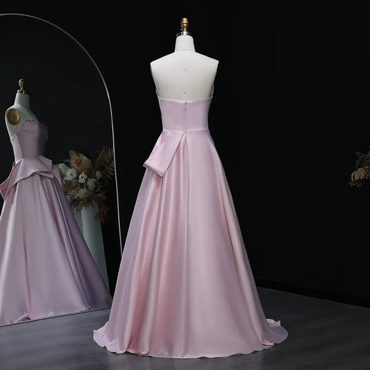 Elegant A-Line Strapless Sleeveless Backless Beaded Ruffle Satin Evening Dress With Train