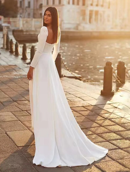White Satin A‑Line Sweetheart Puff‑Shoulder Long‑Sleeve Open‑Back Sweep‑Train Wedding Dress For Formal