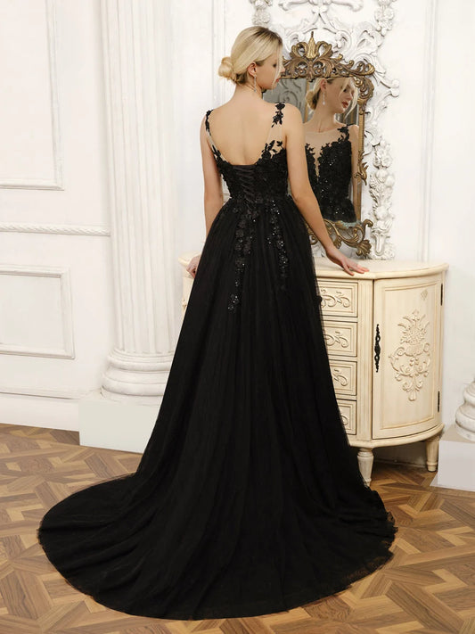 Black Lace‑Tulle A‑Line Illusion Deep‑V Sleeveless Lace‑Up Back Slit Sweep‑Train Wedding Dress