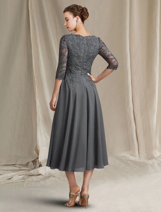 Grey Beaded‑Lace A‑Line V‑Neck Elbow‑Sleeve Tea‑Length Mother Of The Bride Dress