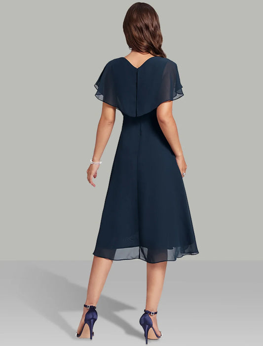 Navy Chiffon Beaded A‑Line V‑Neck Cape‑Sleeve High‑Low Mother Of The Bride Dress