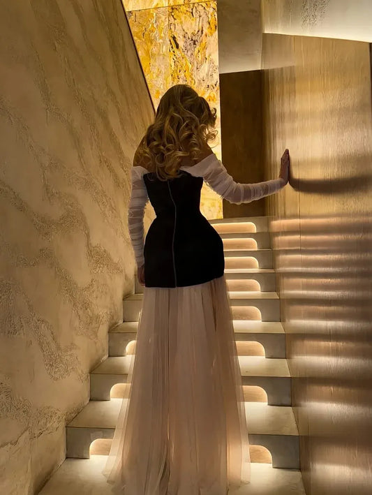Elegant Fitted Sheath Off The Shoulder Long Sleeve Open Back Train Evening Dress