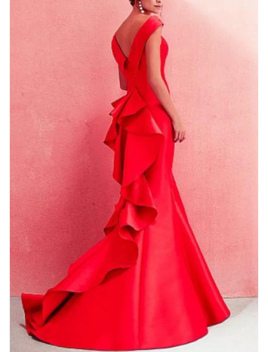 Elegant Satin Mermaid Off‑Shoulder Bardot‑Cuff Cascading‑Ruffle Low‑V‑Back Floor‑Length Evening Dresses