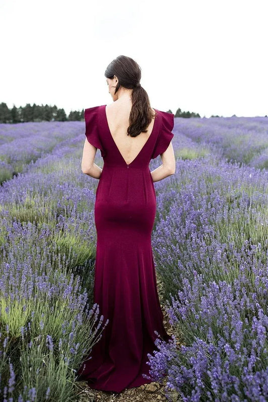 Elegant Mermaid Round Neck Ruffle Sleeve Satin Maxi Bridesmaid Dress