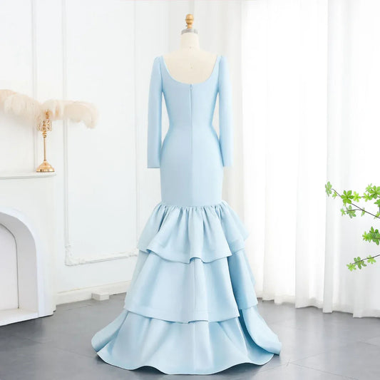 Elegant Mermaid Square Neck Long Sleeve Tiered Ruffle Satin Evening Dress