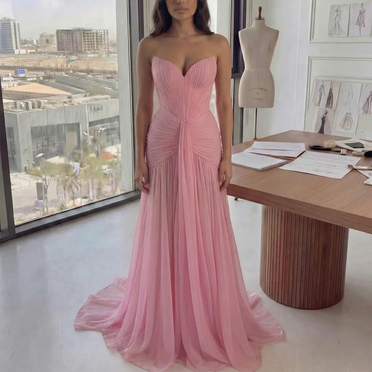 Elegant Mermaid Strapless Sleeveless Ruched Chiffon Evening Dress With Train