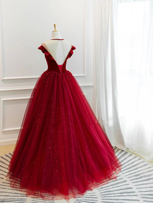 Elegant Off Shoulder Velvet Glitter Tulle Ball Gown