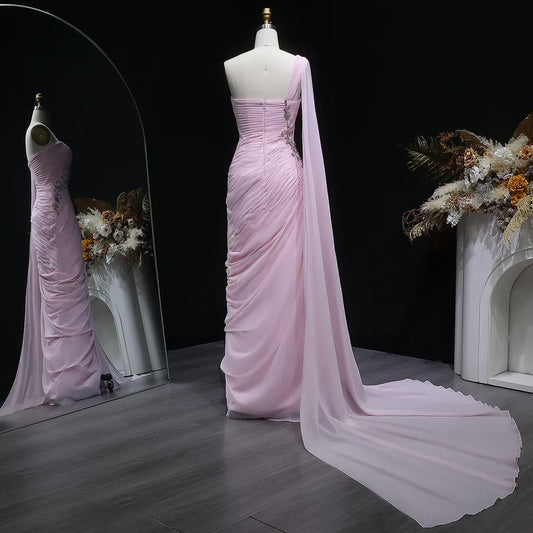 Elegant One-Shoulder Ruched Beaded Chiffon Mermaid Maxi Dress with Cape