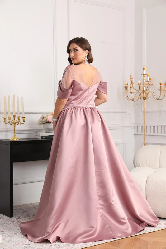 Elegant Plus Size A-Line Off-The-Shoulder Short Sleeve Lace Appliques Satin Mother Of The Bride Dress