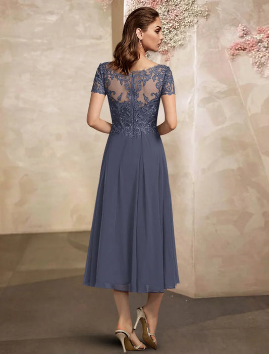 Dusty‑Blue Lace A‑Line V‑Neck Short‑Sleeve Illusion‑Back Tea‑Length Mother Of The Bride Dress