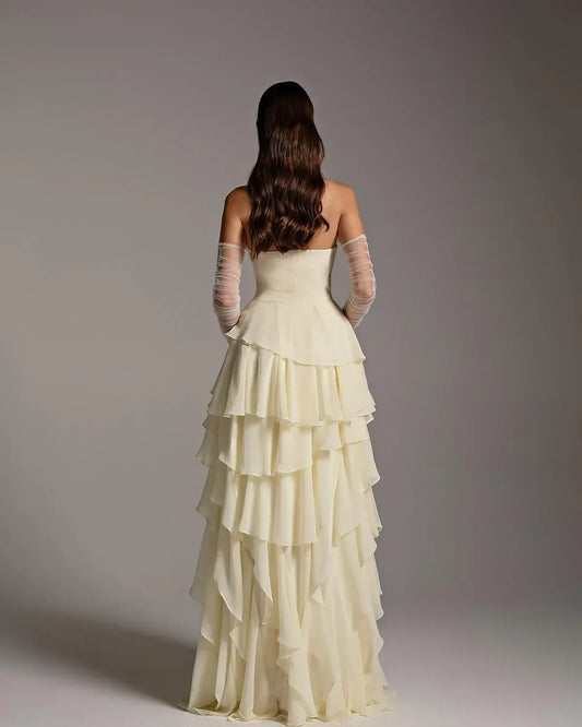 Elegant Strapless Sweetheart Tiered Ruffle Chiffon A-Line Maxi Dress