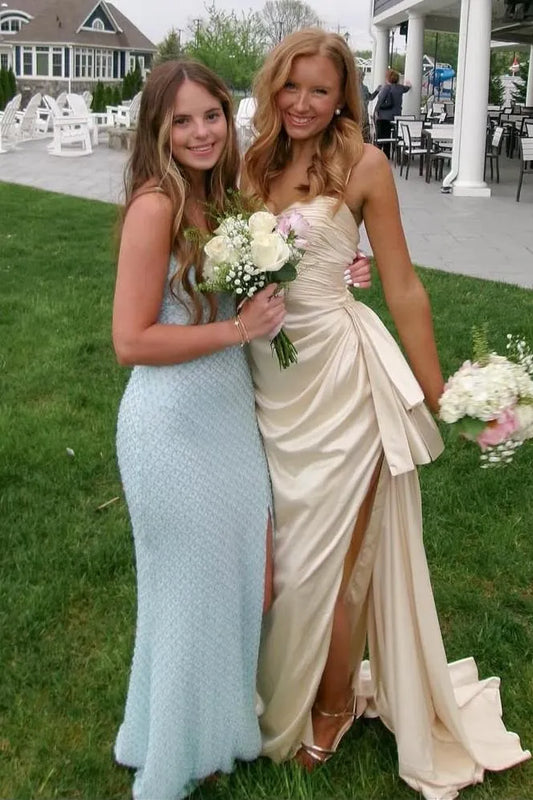 Elegant Strapless Twist Cutout High Slit Satin Bridesmaid Maxi Dress
