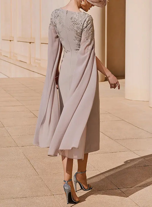 Elegant Taupe V-Neck Sheath Midi Mother of the Bride Dress with Cape Sleeves and Floral Embroidery