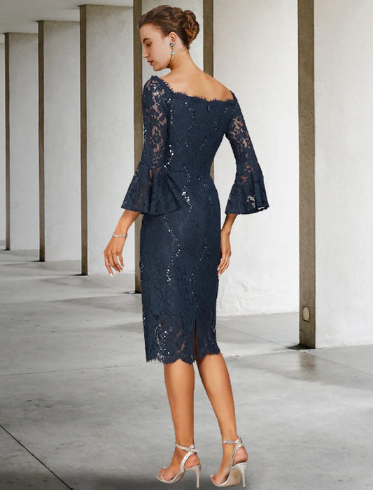 Navy Sequin‑Lace Sheath Off‑Shoulder Bell‑Sleeve Tea‑Length Mother Of The Bride Dress