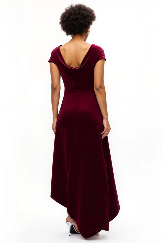 Elegant A-Line Boat Neck Cap Sleeve Velvet Asymmetrical-Length Prom Dress