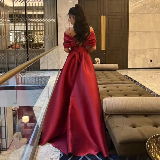 Elegant A-Line Off-The-Shoulder Sleeveless Pleated Satin Sweep Train Prom Dress