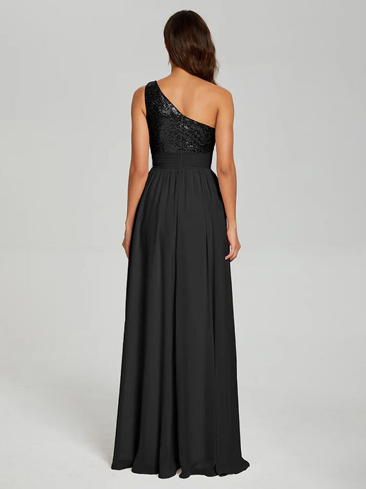 Elegant A-Line One Shoulder Sleeveless Zipper Up Floor-Length Prom Dress