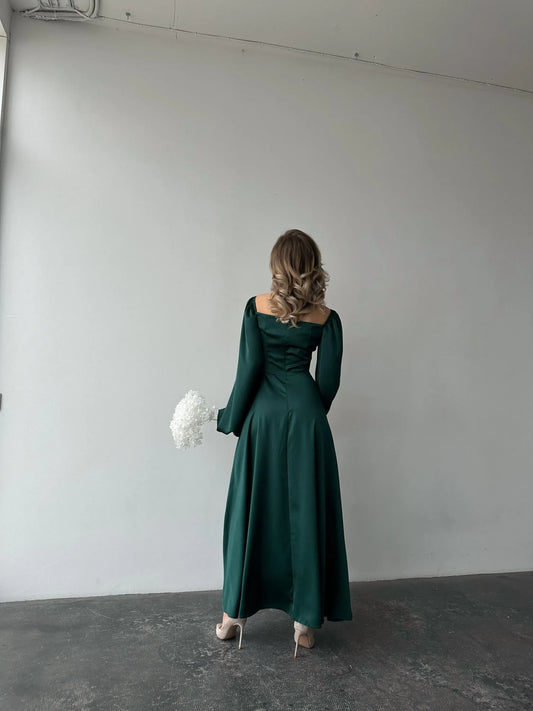 Elegant A-Line Square Neck Bishop Sleeve Pleated Satin Floor-Length Prom Dress