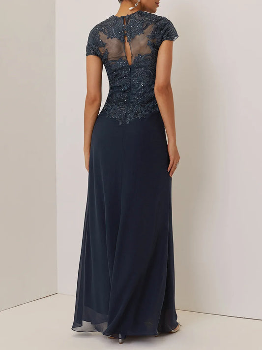 Elegant Beaded‑Lace A‑Line Queen‑Anne‑Neck Short‑Cap‑Sleeve Keyhole‑Back Ruched‑Chiffon Floor‑Length Evening Dresses